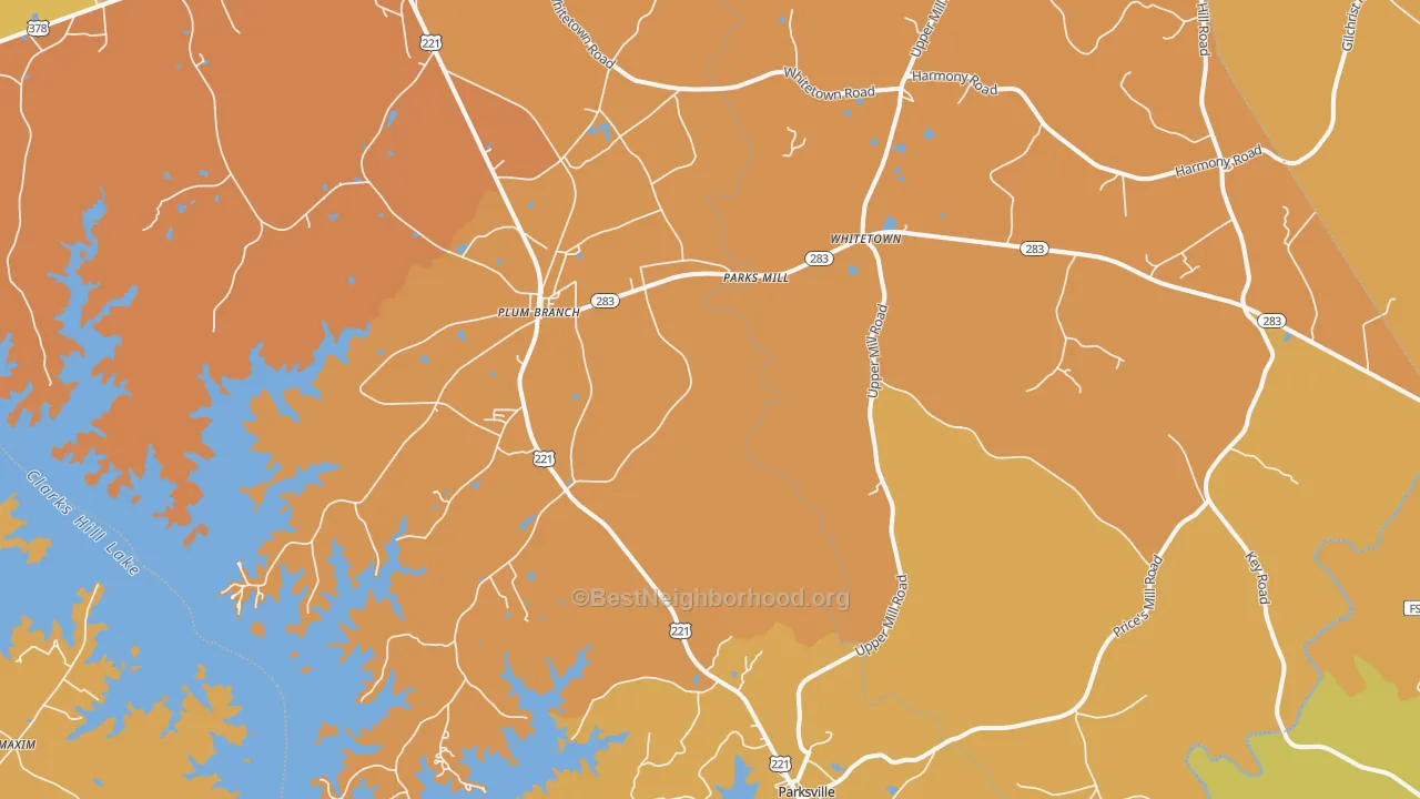 Map of the best neighborhoods in the 29845 area, with better matches in green and worse matches in red