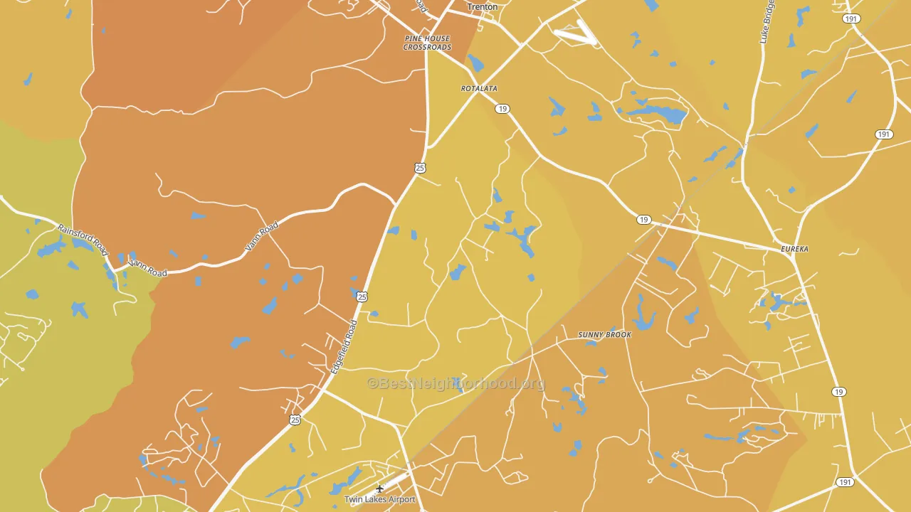 Map of the best neighborhoods in the 29847 area, with better matches in green and worse matches in red
