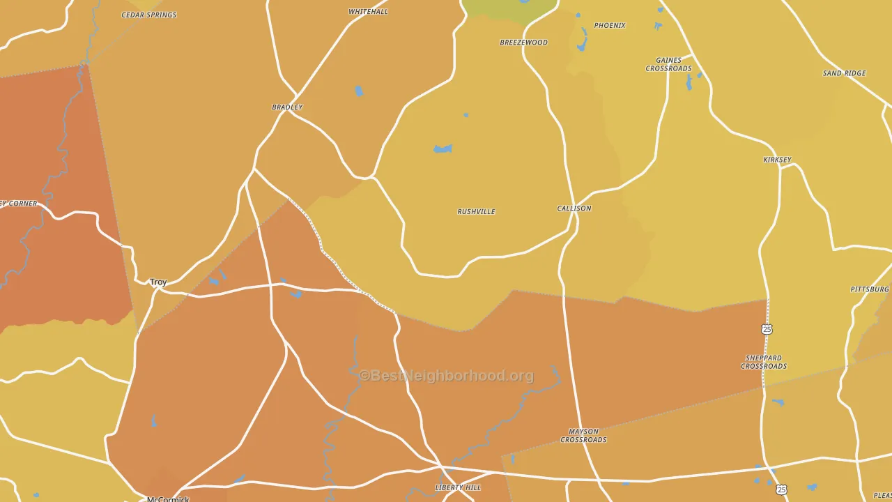 Map of the best neighborhoods in the 29848 area, with better matches in green and worse matches in red