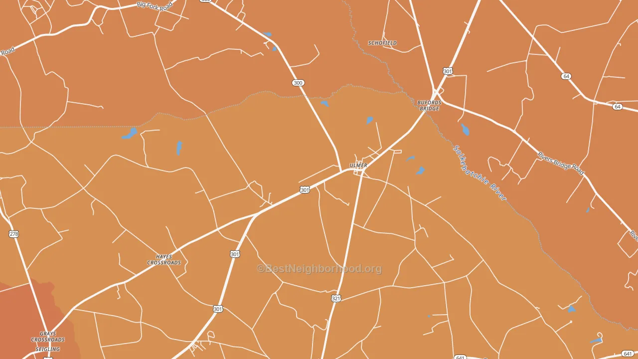 Map of the best neighborhoods in the 29849 area, with better matches in green and worse matches in red