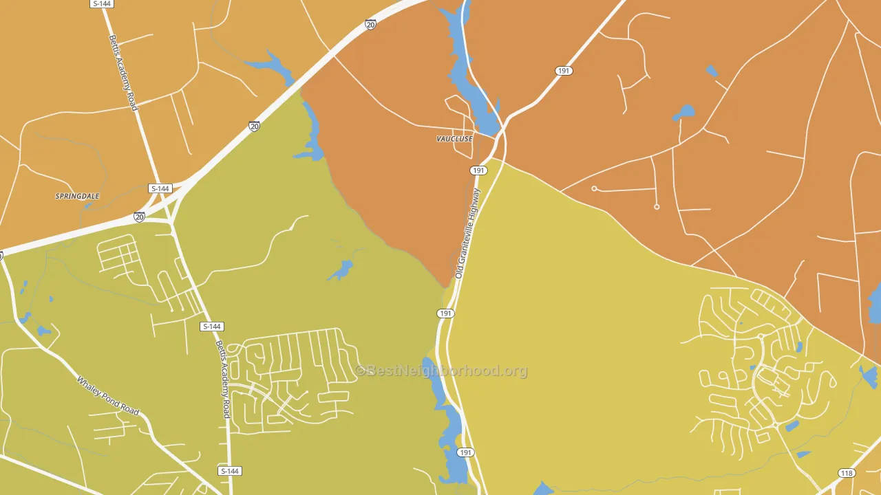Map of the best neighborhoods in the 29850 area, with better matches in green and worse matches in red