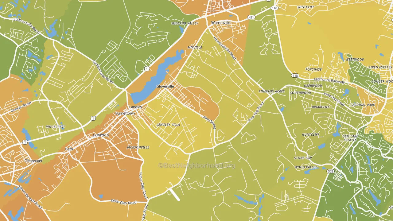 Map of the best neighborhoods in the 29851 area, with better matches in green and worse matches in red