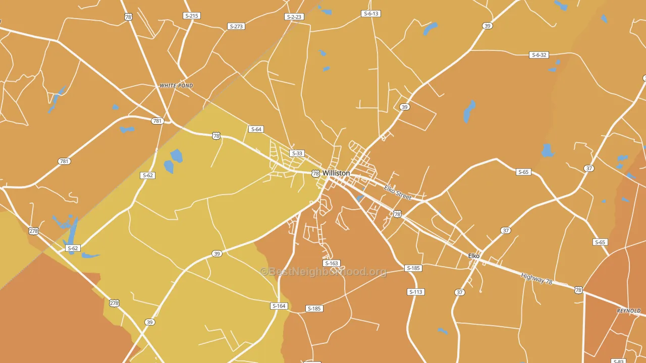 Map of the best neighborhoods in the 29853 area, with better matches in green and worse matches in red