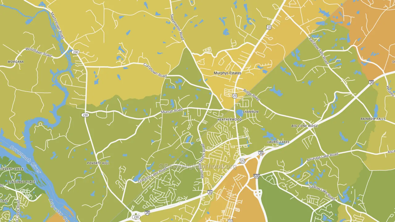 Map of the best neighborhoods in the 29860 area, with better matches in green and worse matches in red