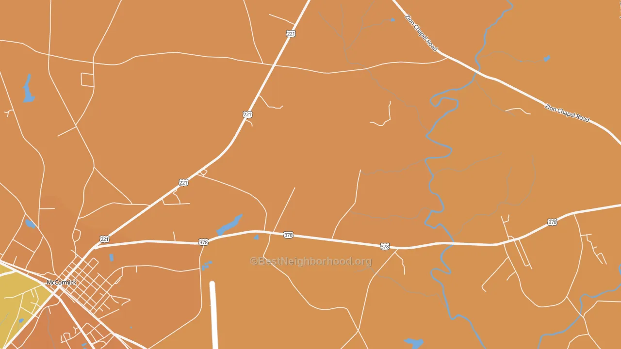 Map of the best neighborhoods in the 29899 area, with better matches in green and worse matches in red