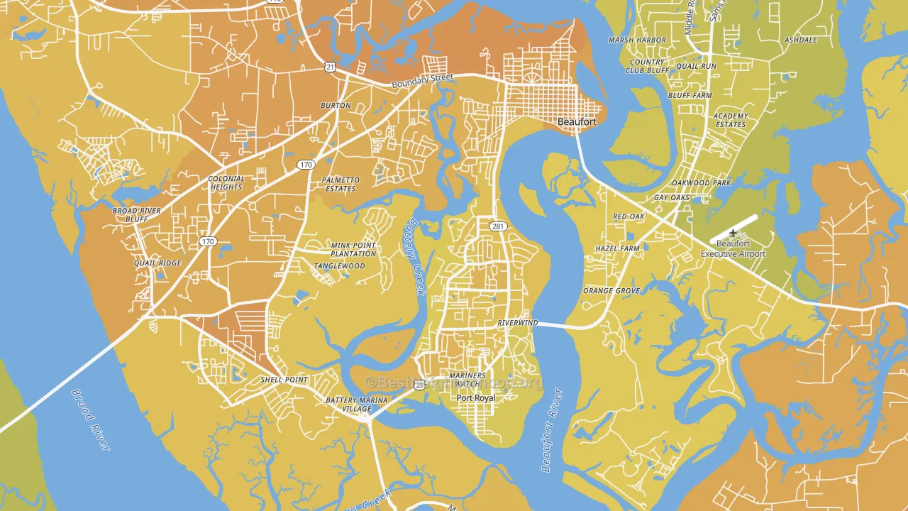 Map of the best neighborhoods in the 29902 area, with better matches in green and worse matches in red