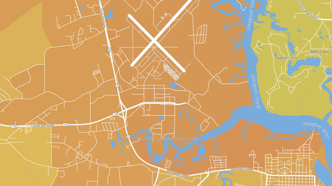 Map of the best neighborhoods in the 29904 area, with better matches in green and worse matches in red