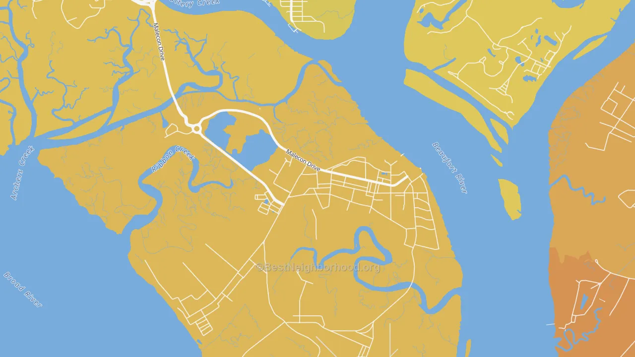 Map of the best neighborhoods in the 29905 area, with better matches in green and worse matches in red