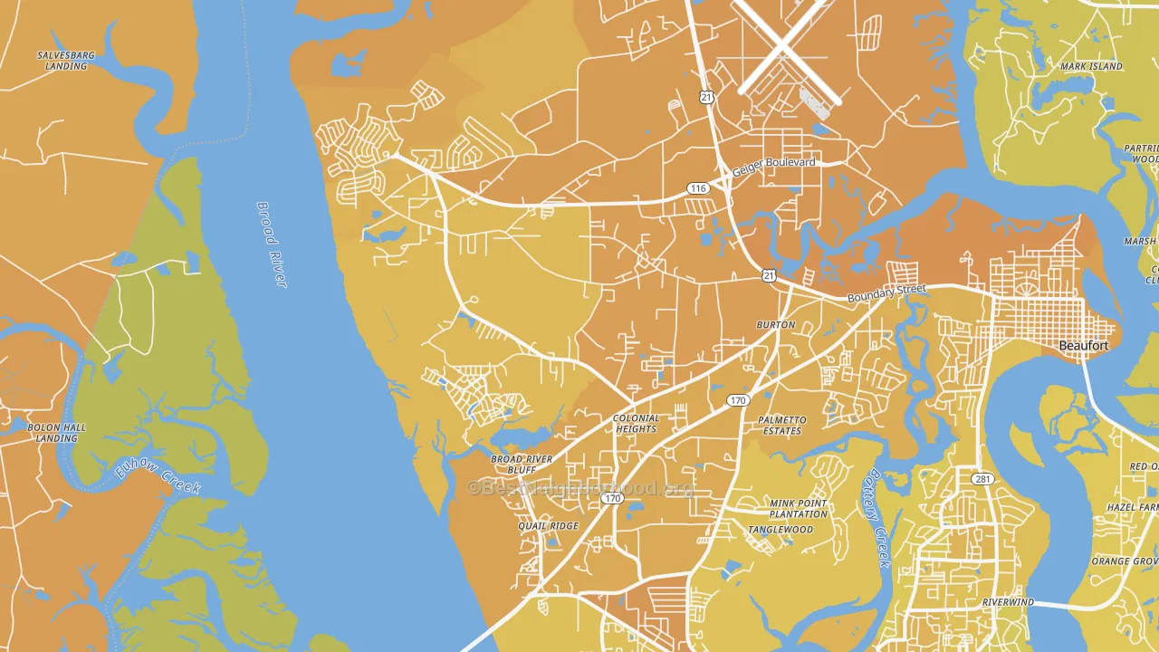 Map of the best neighborhoods in the 29906 area, with better matches in green and worse matches in red