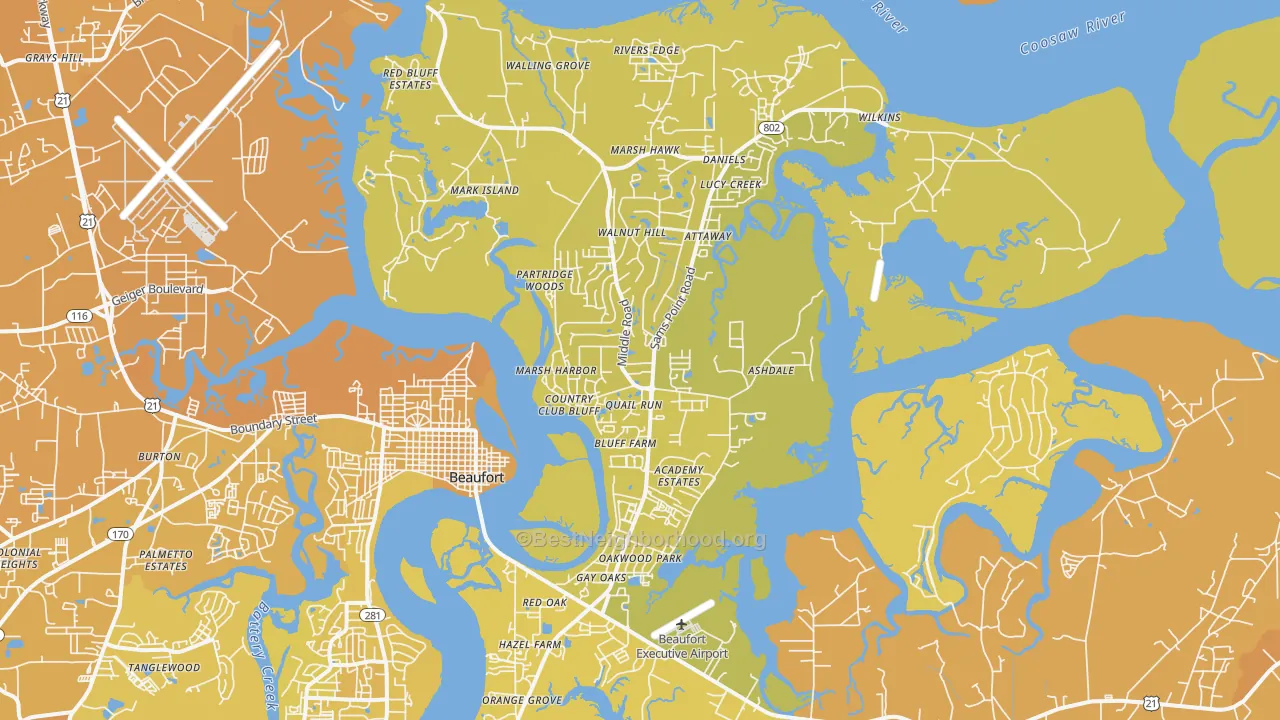 Map of the best neighborhoods in the 29907 area, with better matches in green and worse matches in red