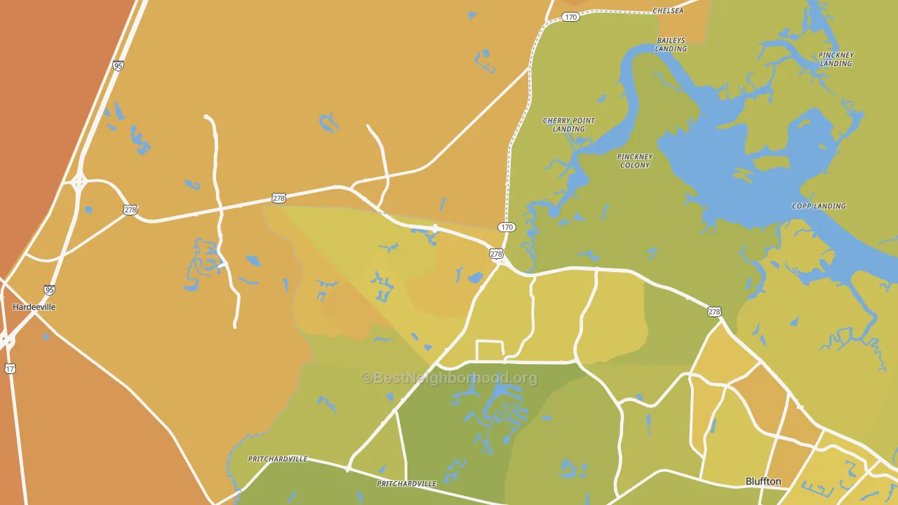 Map of the best neighborhoods in the 29909 area, with better matches in green and worse matches in red