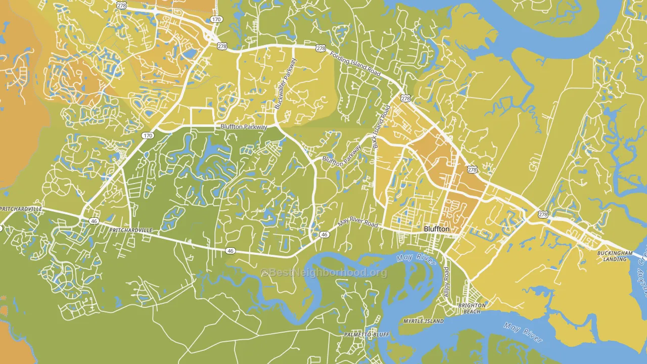 Map of the best neighborhoods in the 29910 area, with better matches in green and worse matches in red