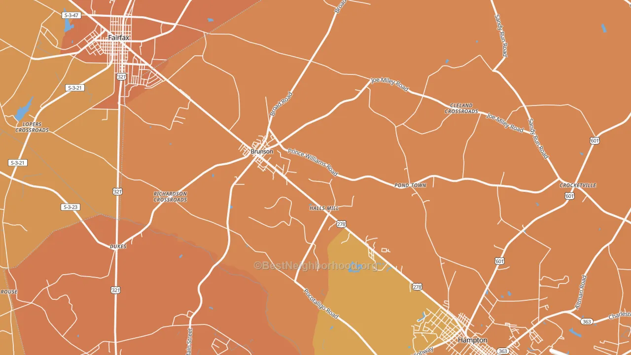 Map of the best neighborhoods in the 29911 area, with better matches in green and worse matches in red