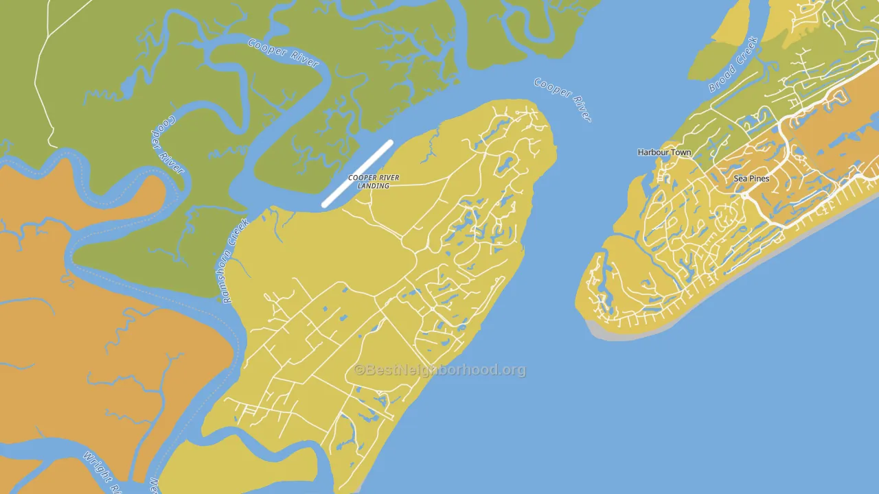 Map of the best neighborhoods in the 29915 area, with better matches in green and worse matches in red