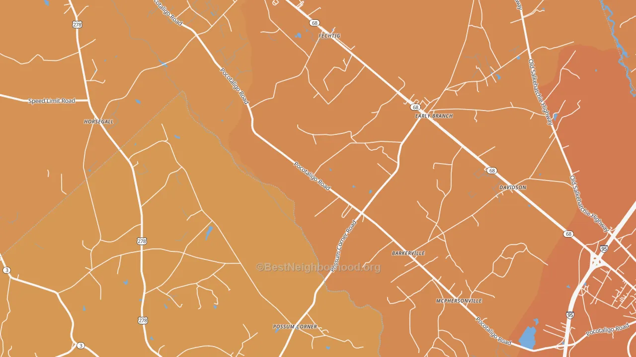 Map of the best neighborhoods in the 29916 area, with better matches in green and worse matches in red