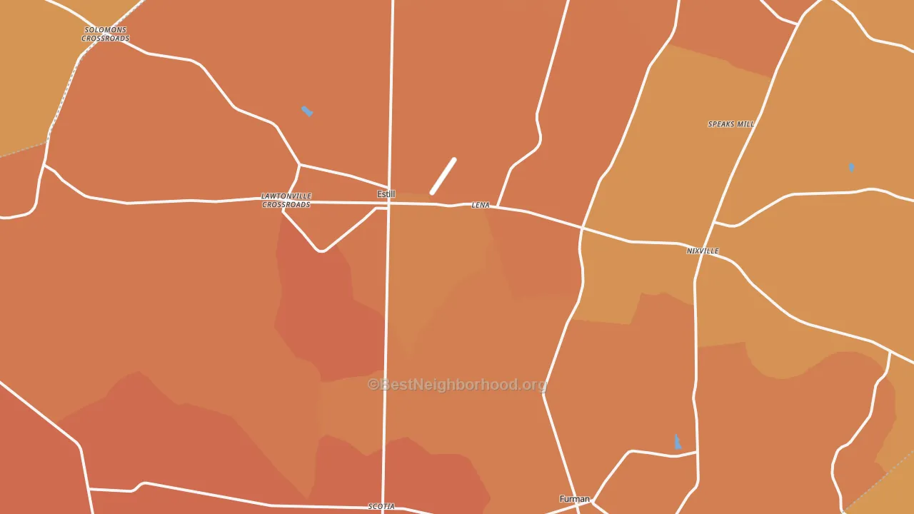 Map of the best neighborhoods in the 29918 area, with better matches in green and worse matches in red
