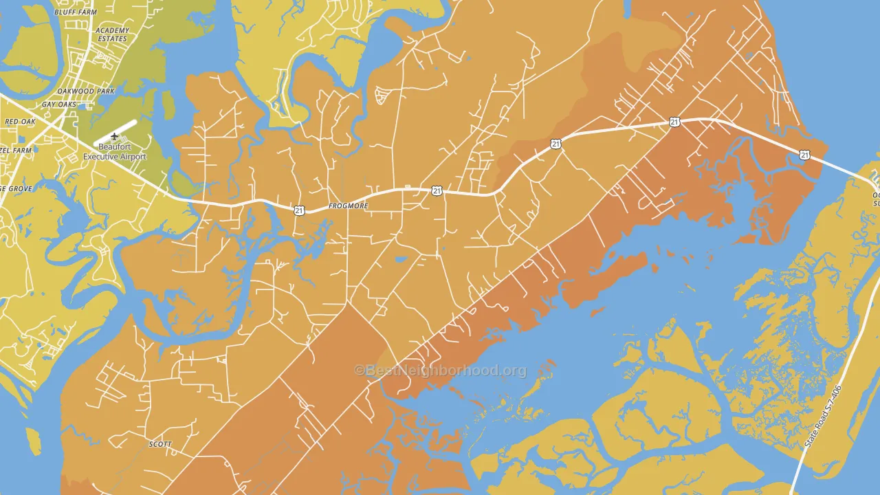 Map of the best neighborhoods in the 29920 area, with better matches in green and worse matches in red