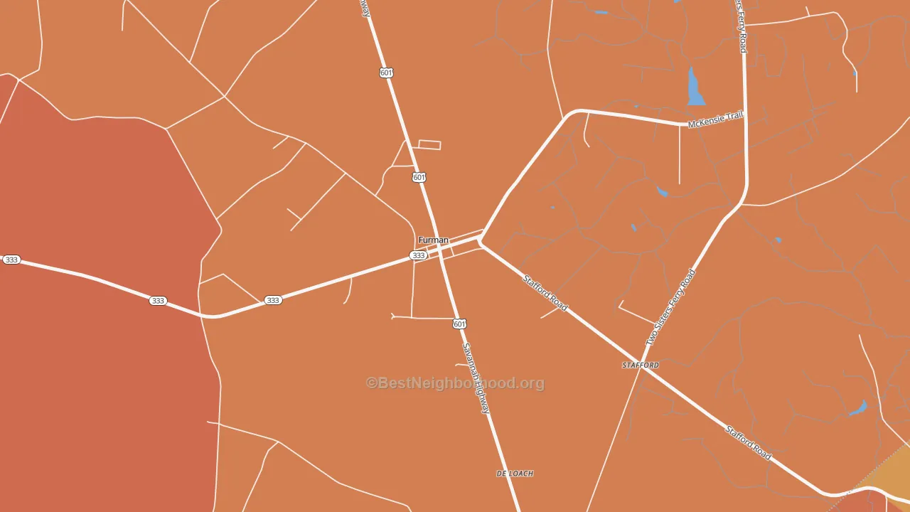 Map of the best neighborhoods in the 29921 area, with better matches in green and worse matches in red