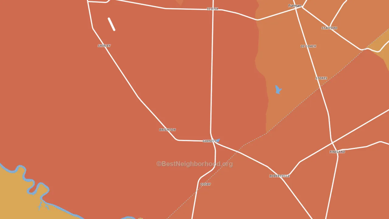Map of the best neighborhoods in the 29922 area, with better matches in green and worse matches in red