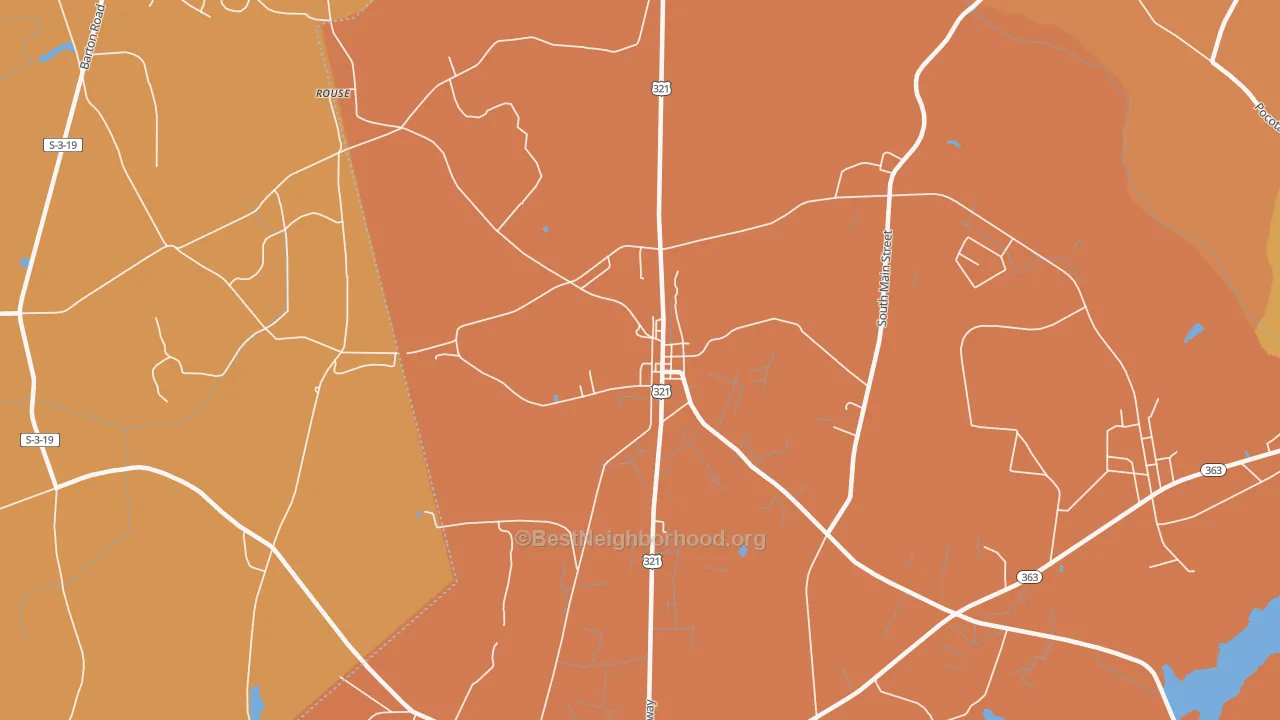 Map of the best neighborhoods in the 29923 area, with better matches in green and worse matches in red
