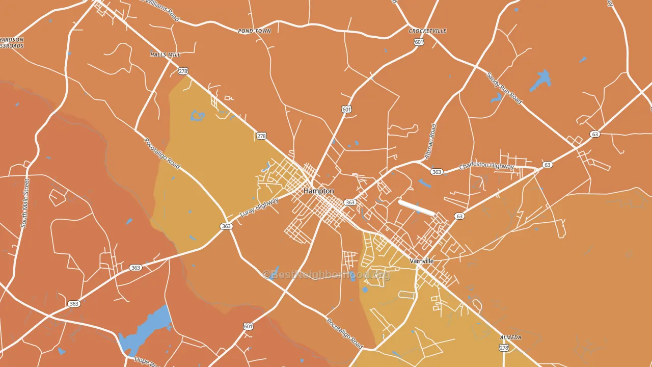 Map of the best neighborhoods in the 29924 area, with better matches in green and worse matches in red