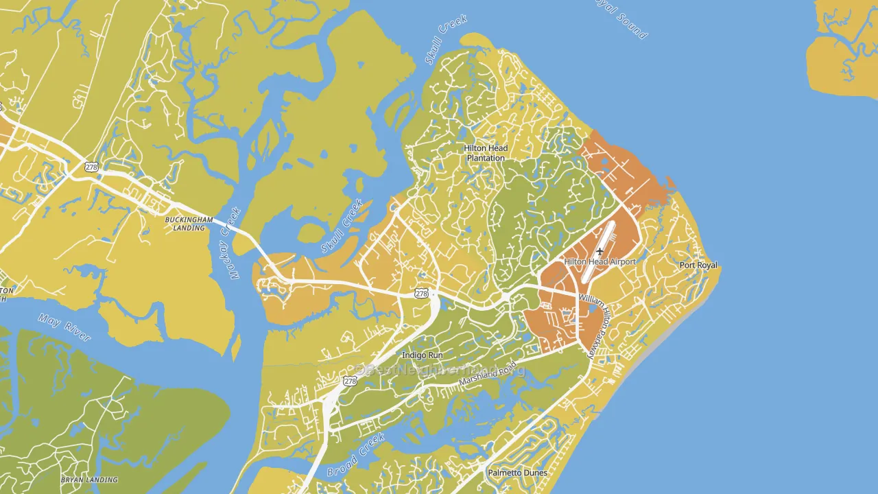 Map of the best neighborhoods in the 29926 area, with better matches in green and worse matches in red