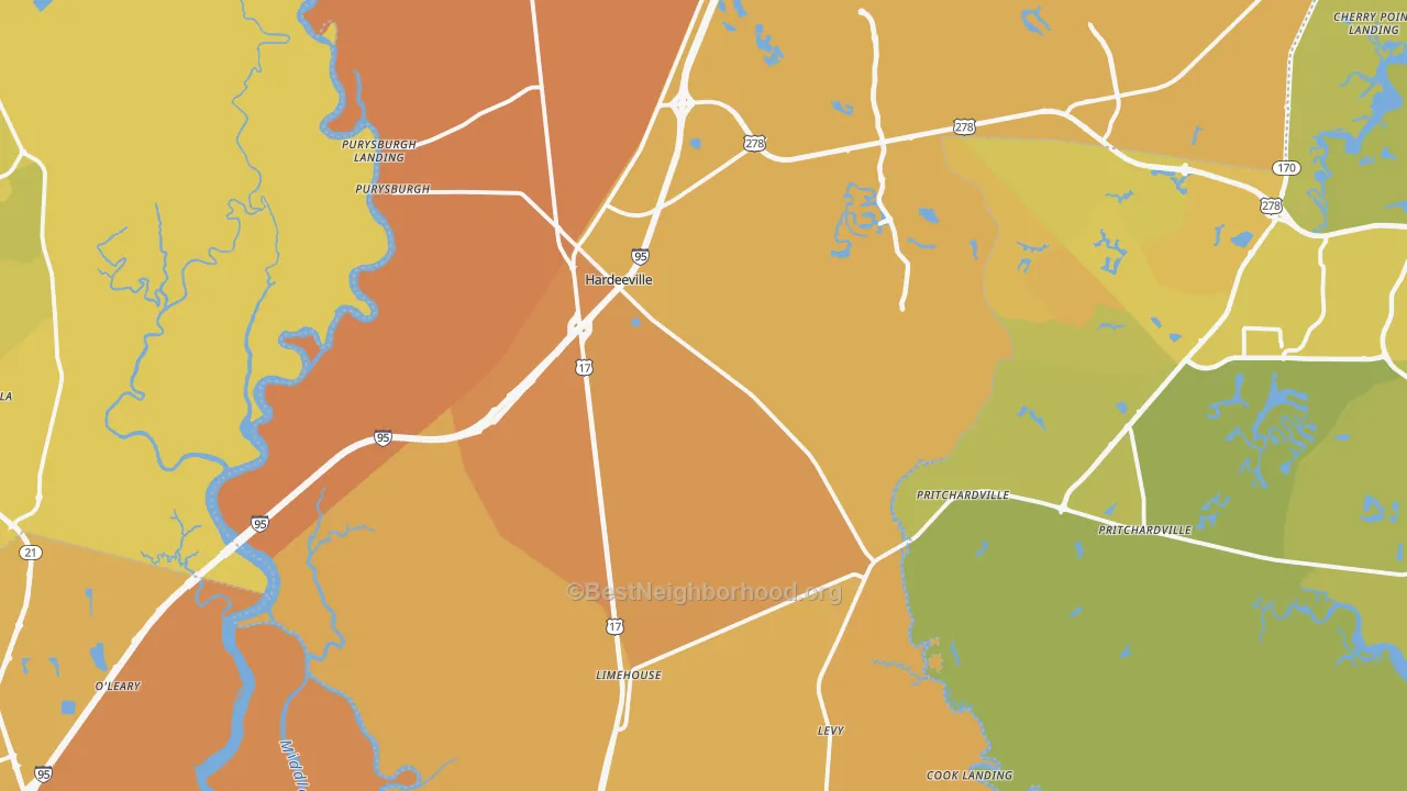 Map of the best neighborhoods in the 29927 area, with better matches in green and worse matches in red