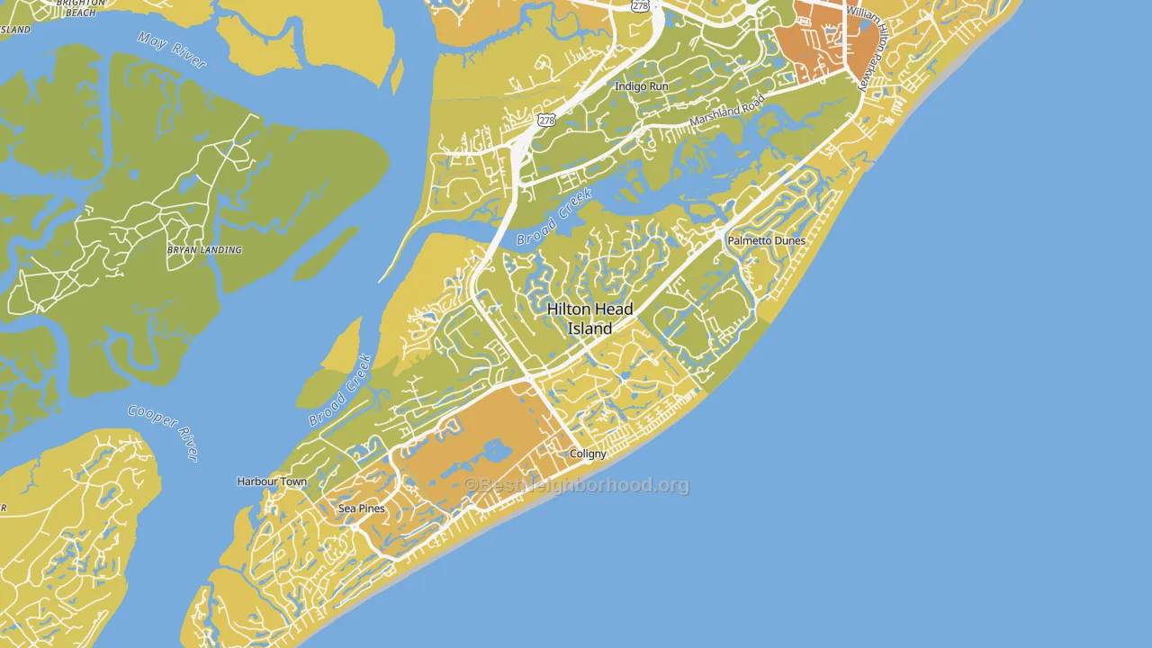 Map of the best neighborhoods in the 29928 area, with better matches in green and worse matches in red