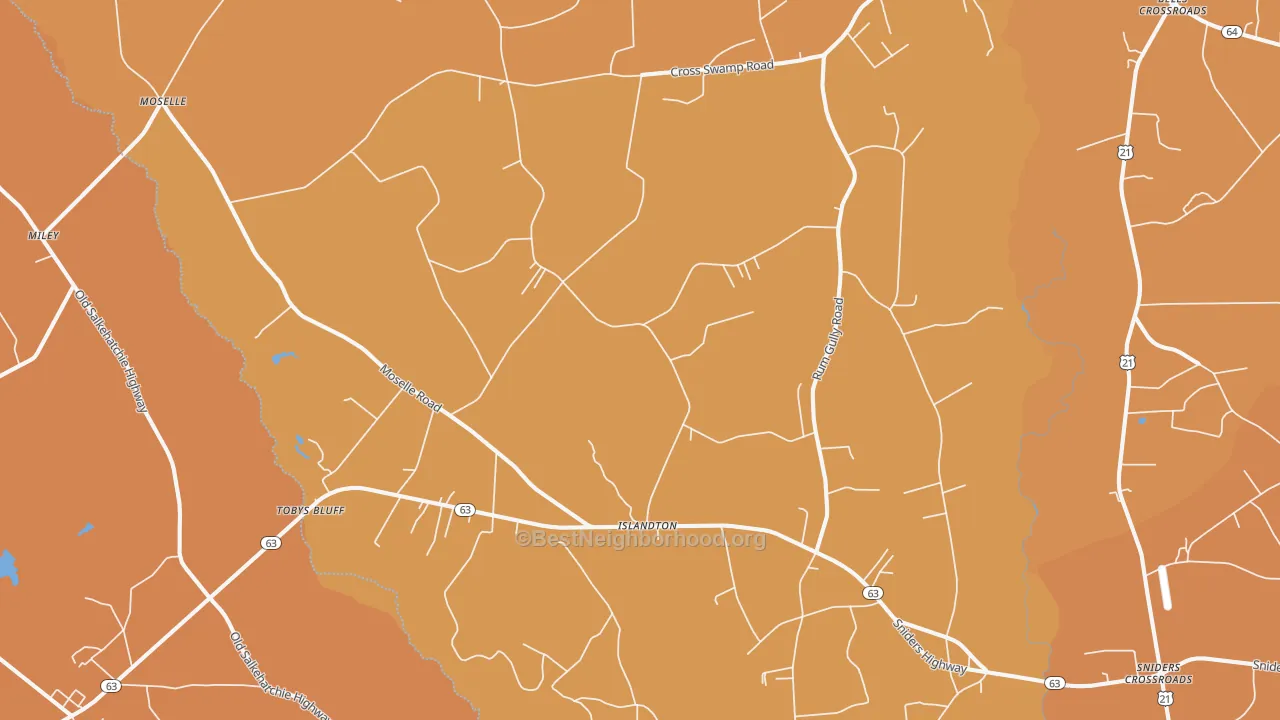 Map of the best neighborhoods in the 29929 area, with better matches in green and worse matches in red