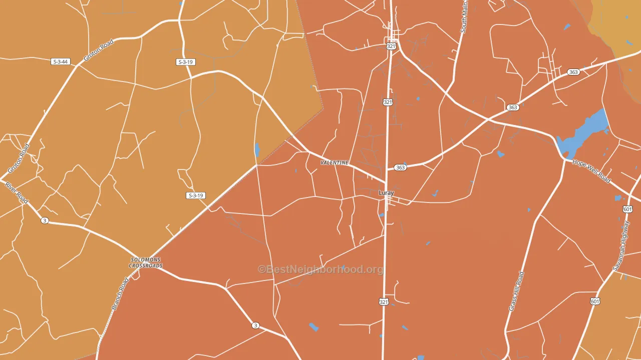 Map of the best neighborhoods in the 29932 area, with better matches in green and worse matches in red