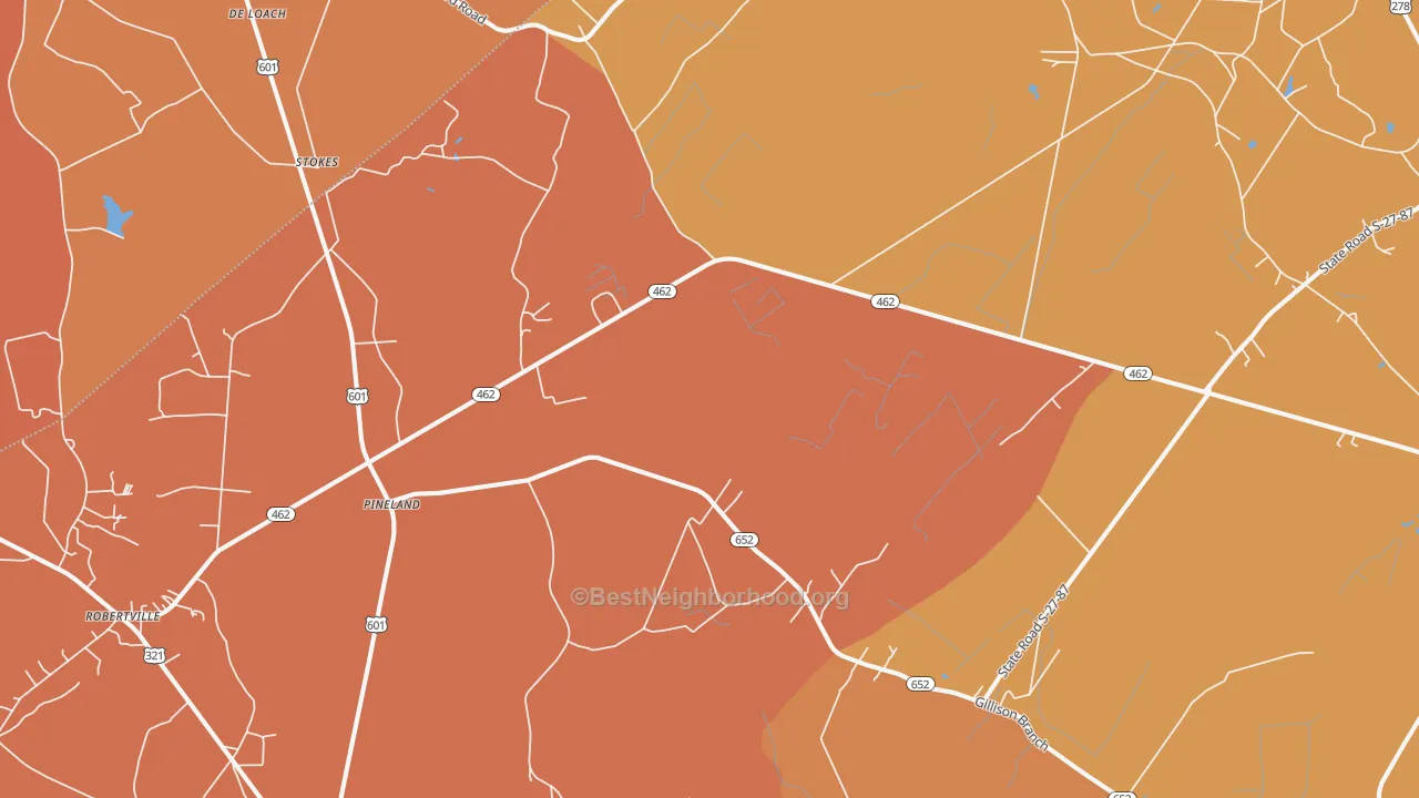 Map of the best neighborhoods in the 29934 area, with better matches in green and worse matches in red
