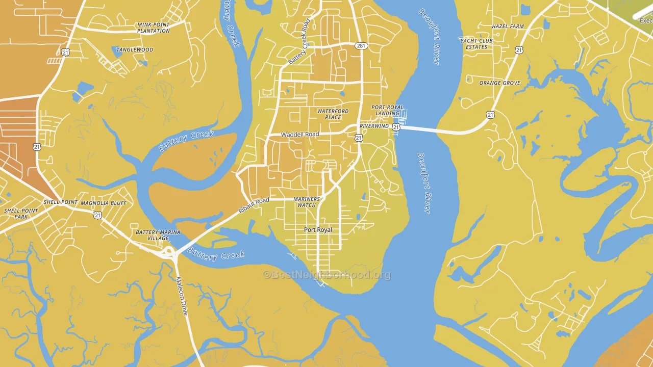 Map of the best neighborhoods in the 29935 area, with better matches in green and worse matches in red