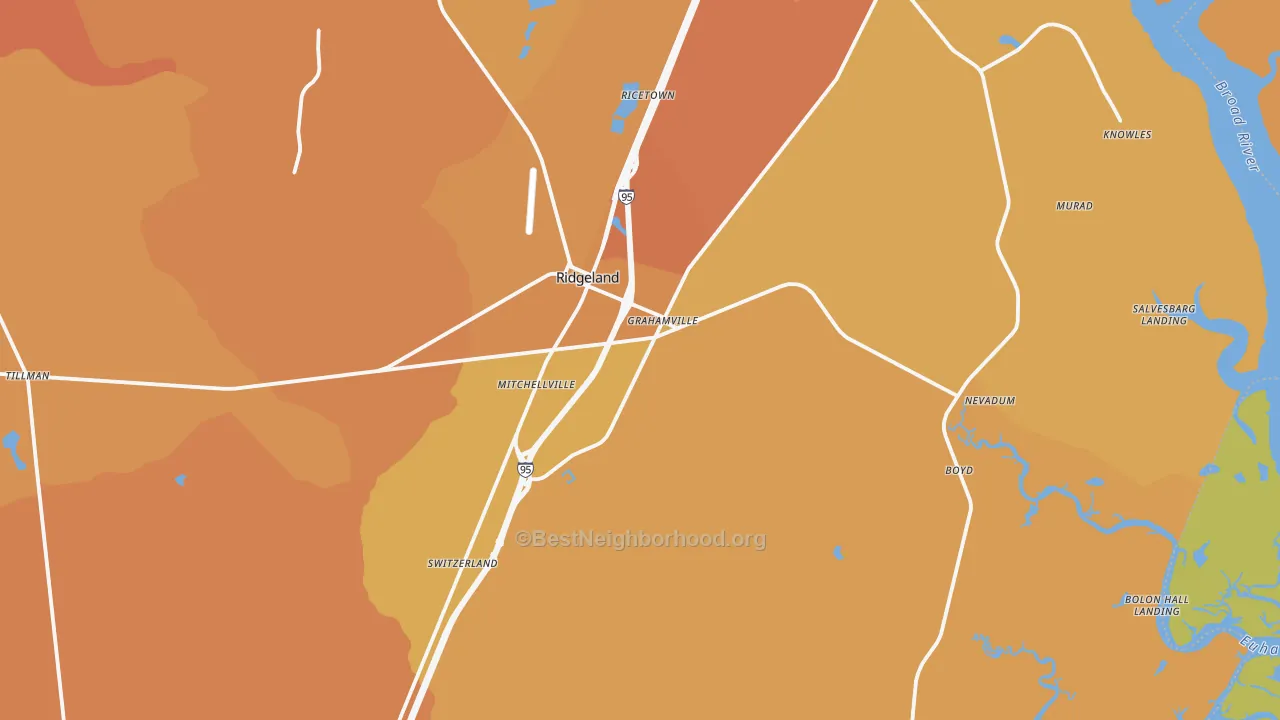 Map of the best neighborhoods in the 29936 area, with better matches in green and worse matches in red