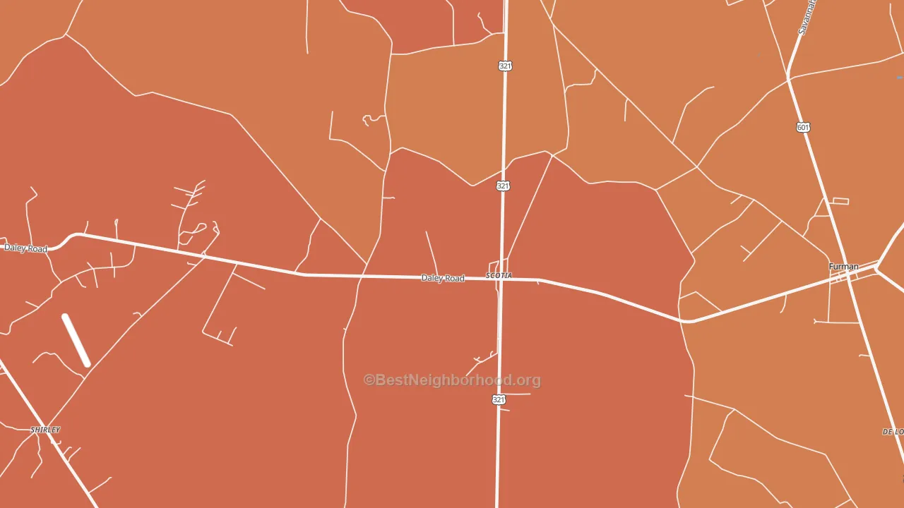 Map of the best neighborhoods in the 29939 area, with better matches in green and worse matches in red