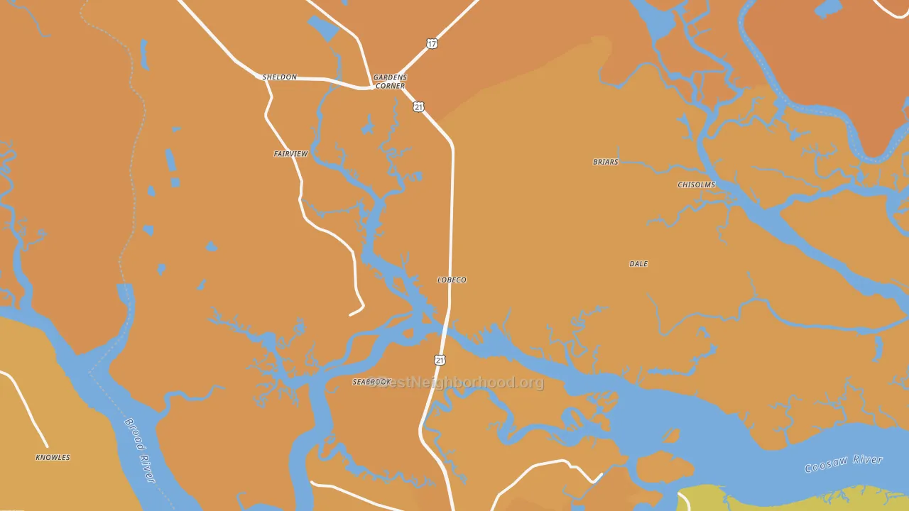 Map of the best neighborhoods in the 29940 area, with better matches in green and worse matches in red