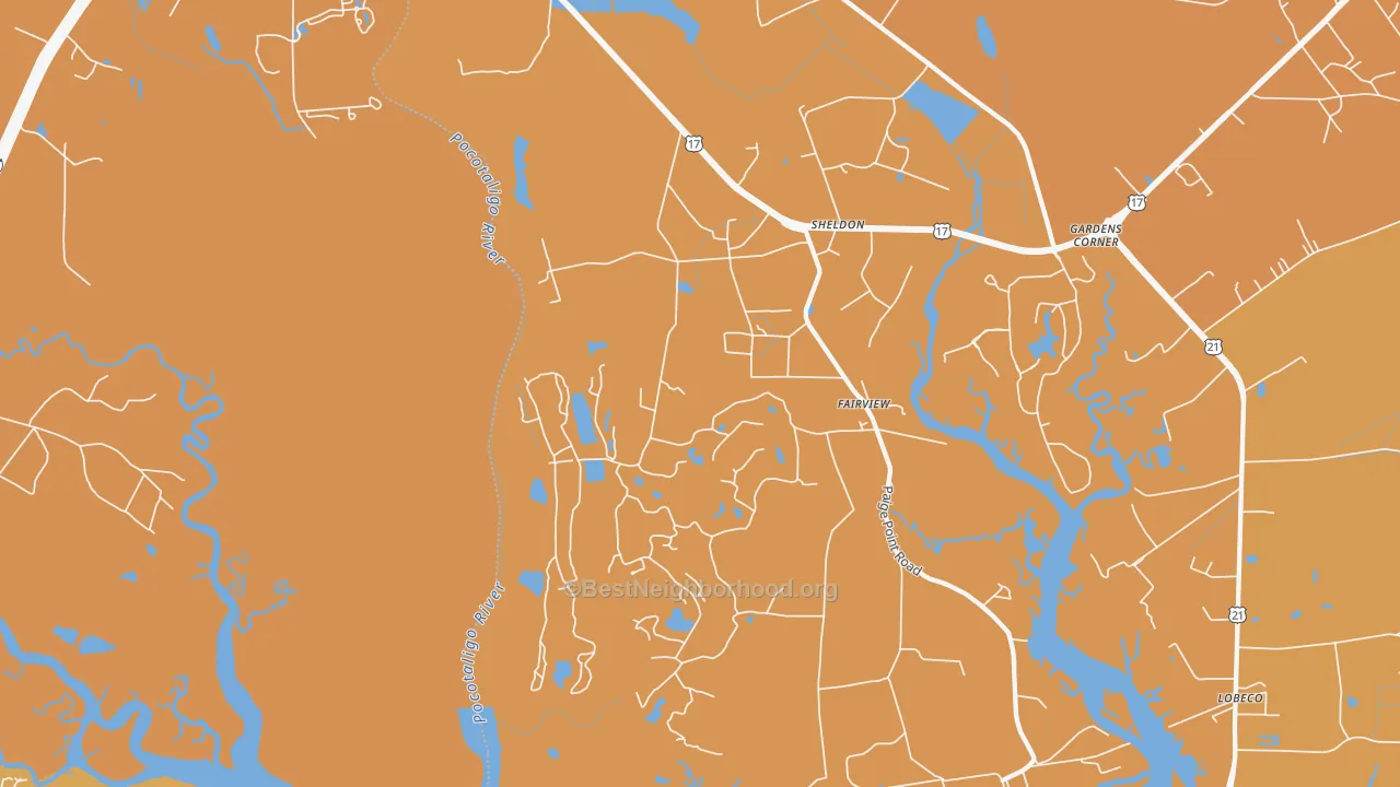 Map of the best neighborhoods in the 29941 area, with better matches in green and worse matches in red
