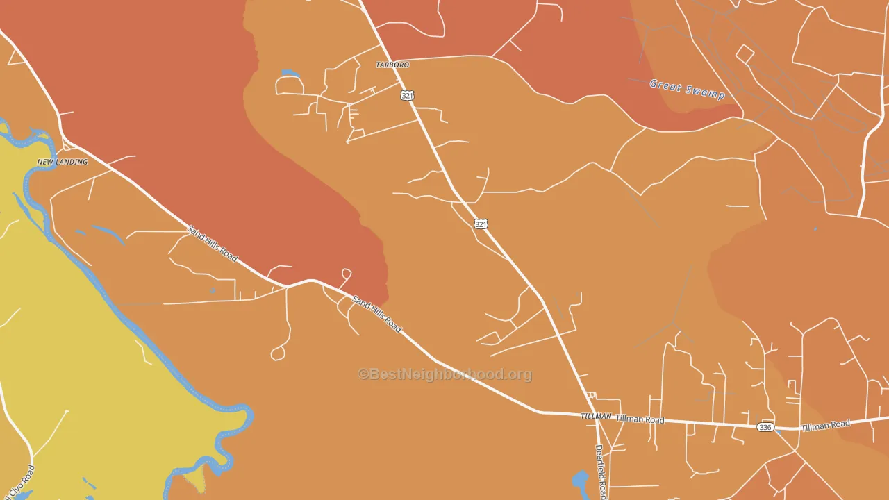 Map of the best neighborhoods in the 29943 area, with better matches in green and worse matches in red
