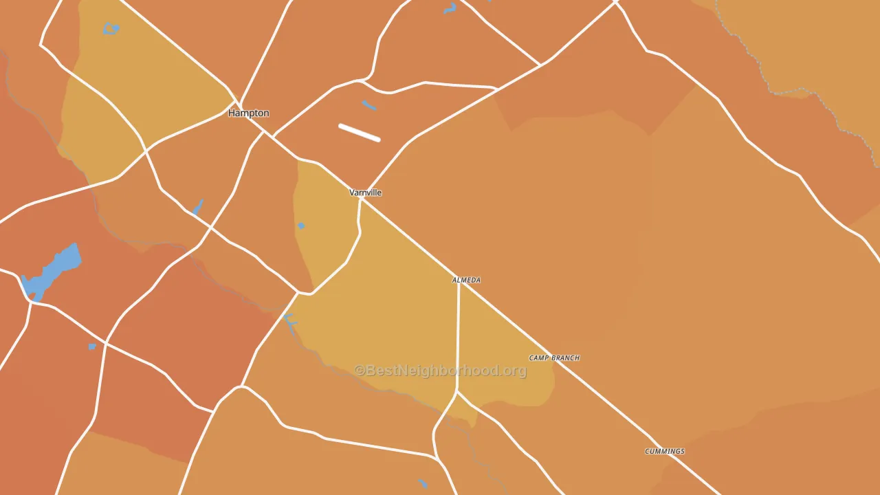 Map of the best neighborhoods in the 29944 area, with better matches in green and worse matches in red