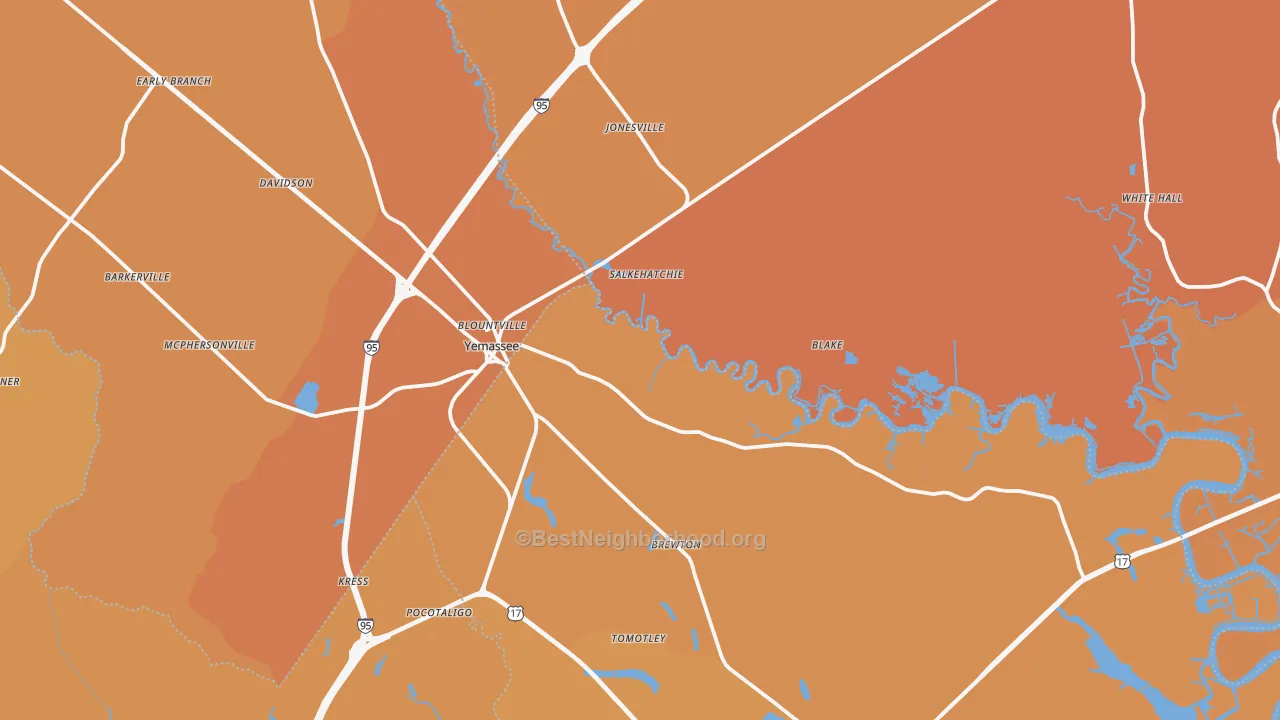 Map of the best neighborhoods in the 29945 area, with better matches in green and worse matches in red