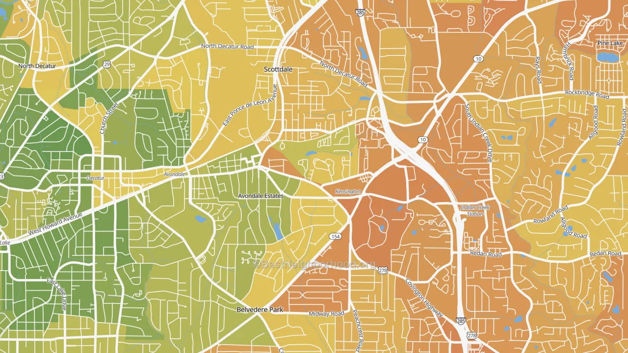 Map of the best neighborhoods in the 30002 area, with better matches in green and worse matches in red