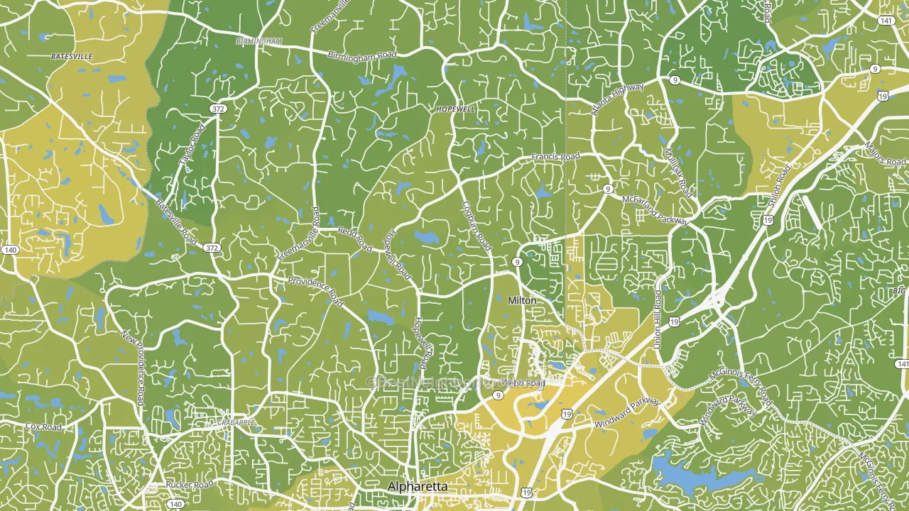 Map of the best neighborhoods in the 30004 area, with better matches in green and worse matches in red