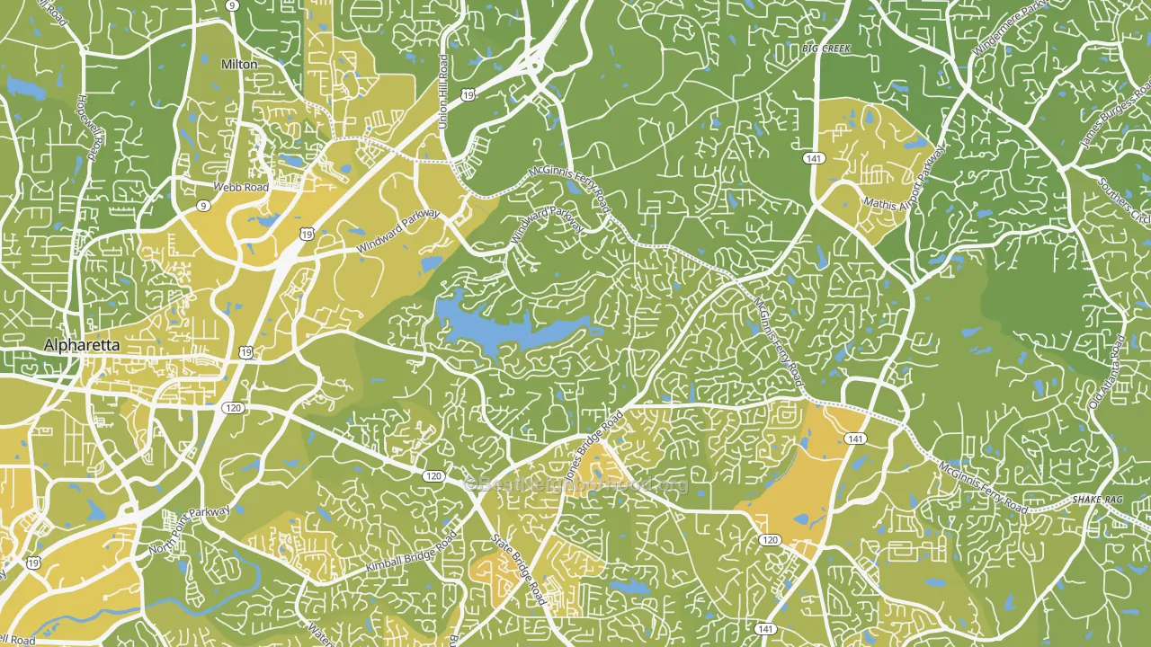 Map of the best neighborhoods in the 30005 area, with better matches in green and worse matches in red