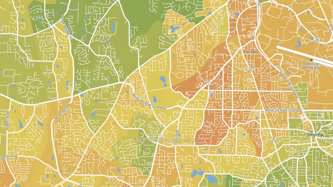Map of the best neighborhoods in the 30008 area, with better matches in green and worse matches in red
