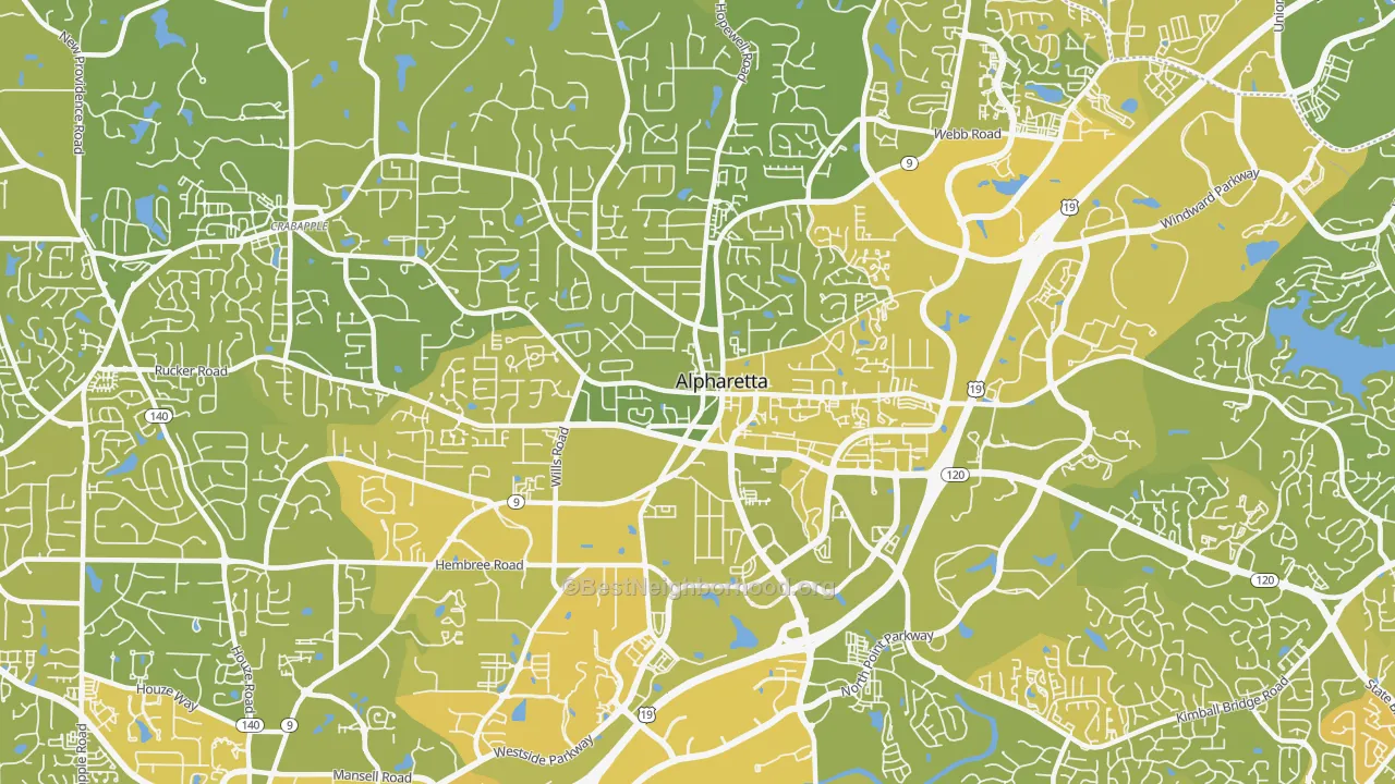 Map of the best neighborhoods in the 30009 area, with better matches in green and worse matches in red