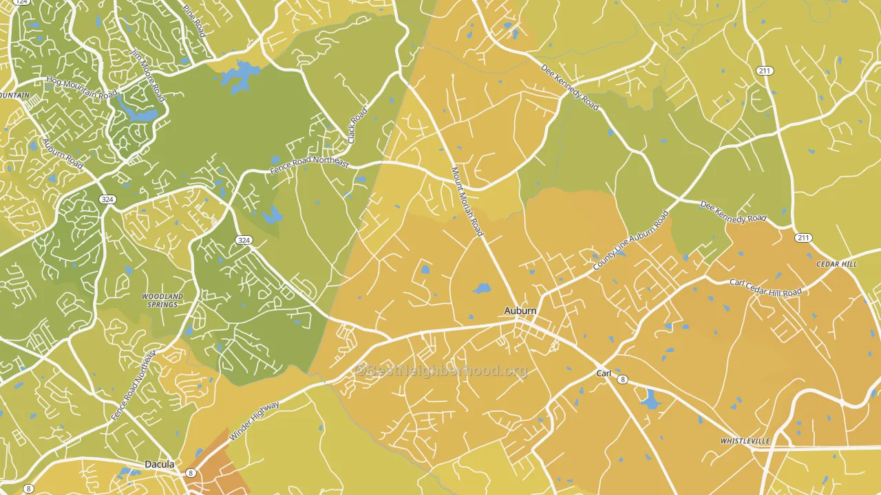 Map of the best neighborhoods in the 30011 area, with better matches in green and worse matches in red