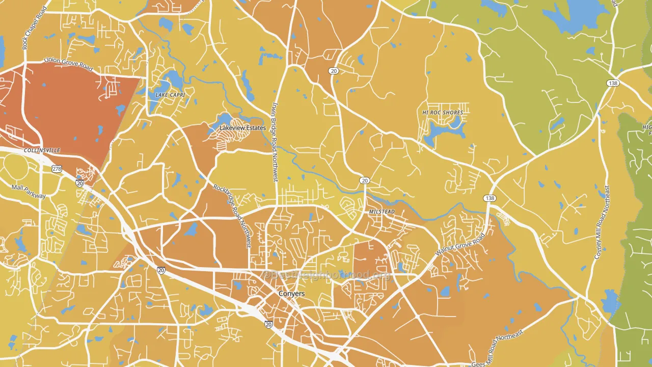 Map of the best neighborhoods in the 30012 area, with better matches in green and worse matches in red