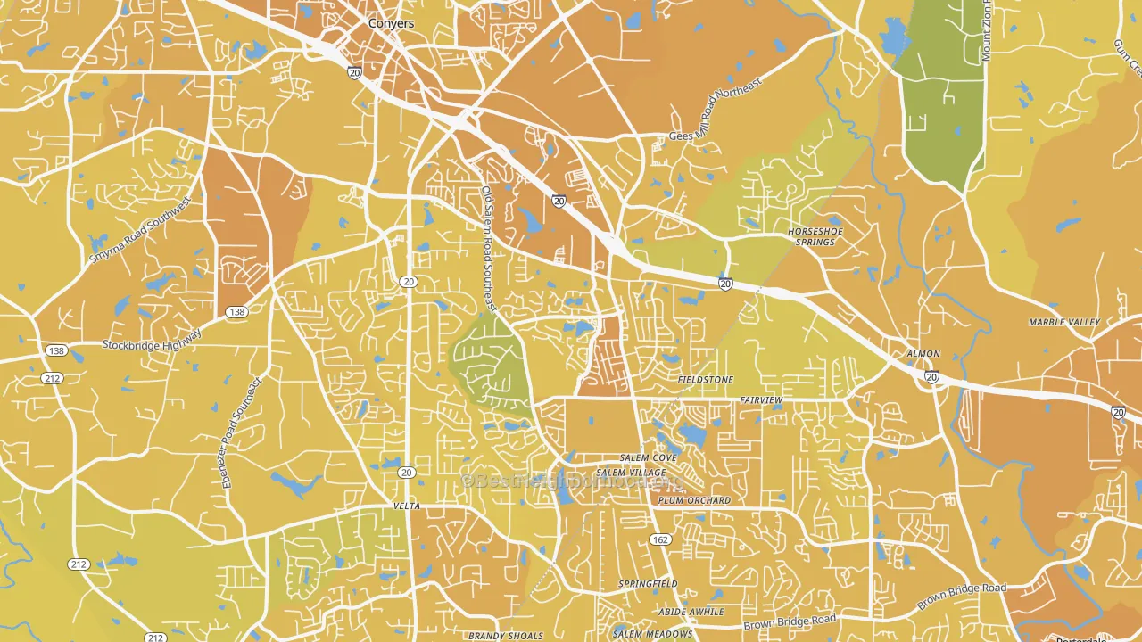 Map of the best neighborhoods in the 30013 area, with better matches in green and worse matches in red