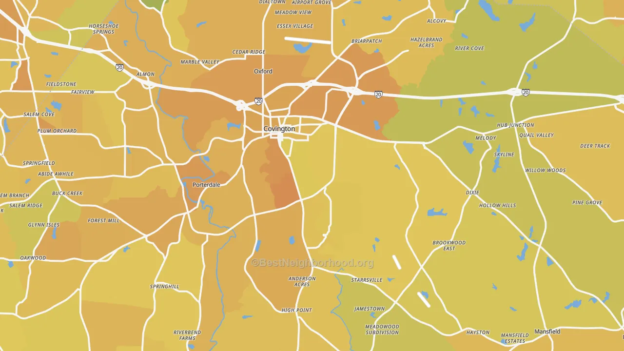 Map of the best neighborhoods in the 30014 area, with better matches in green and worse matches in red