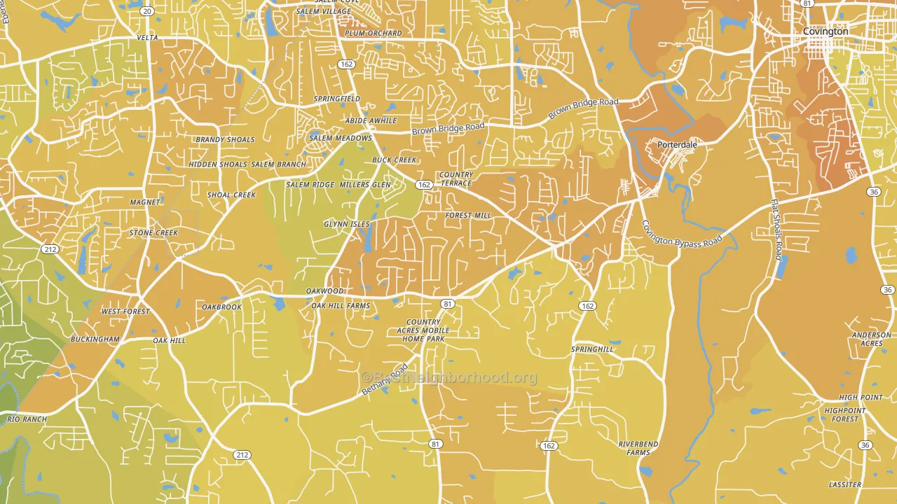 Map of the best neighborhoods in the 30016 area, with better matches in green and worse matches in red