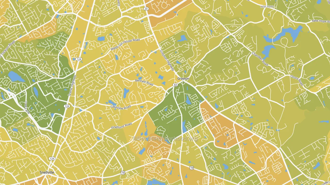 Map of the best neighborhoods in the 30017 area, with better matches in green and worse matches in red
